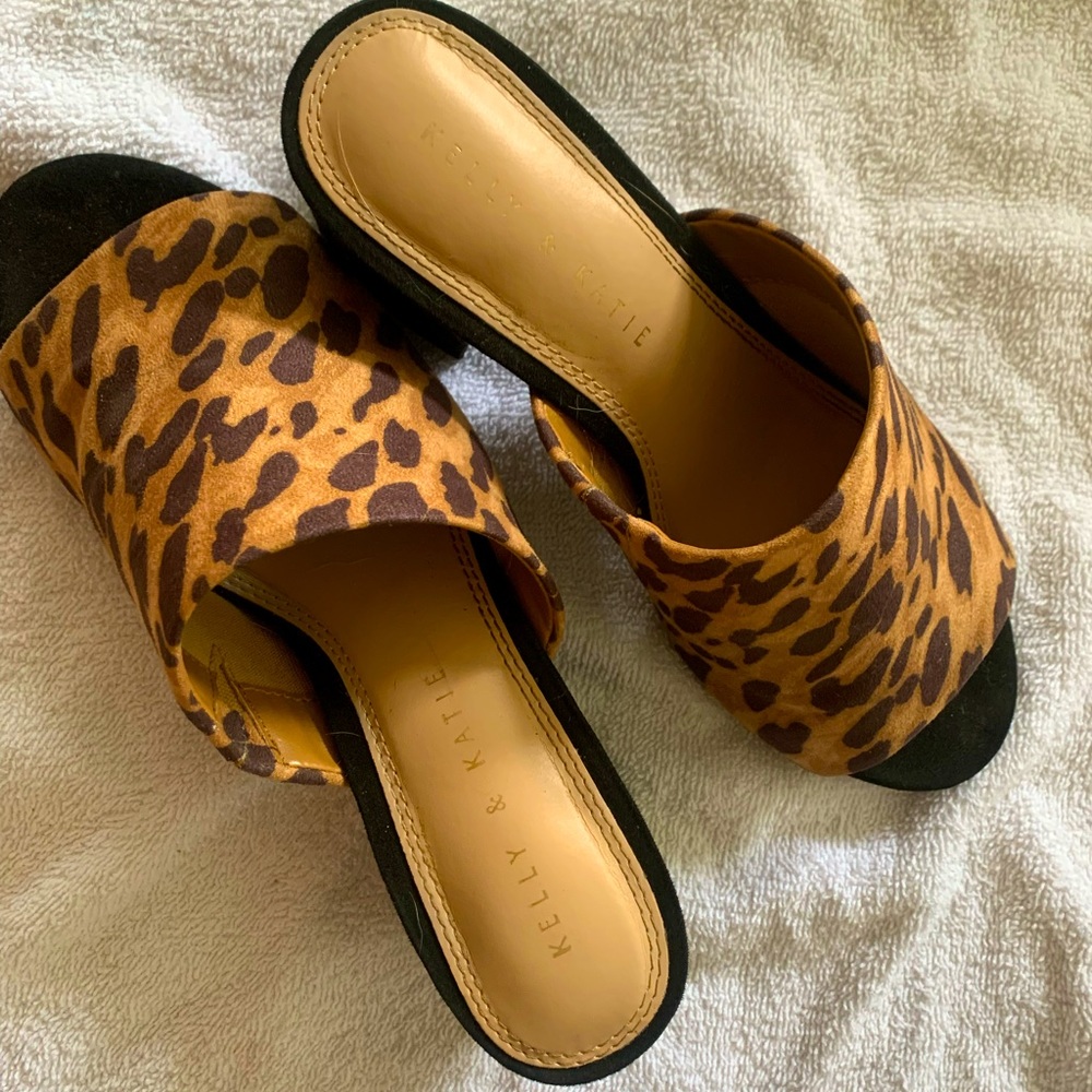 Kelly and katie block heeled leopard print mules